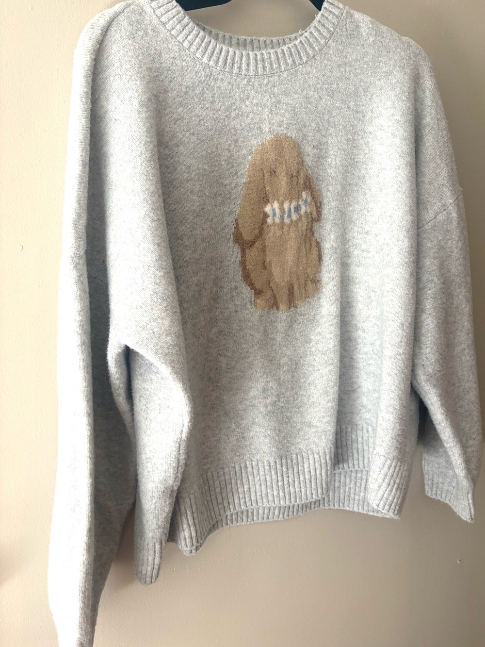 Hollister fuzzy Light Gray Crewneck Sweater with Brown Bunny Motif
